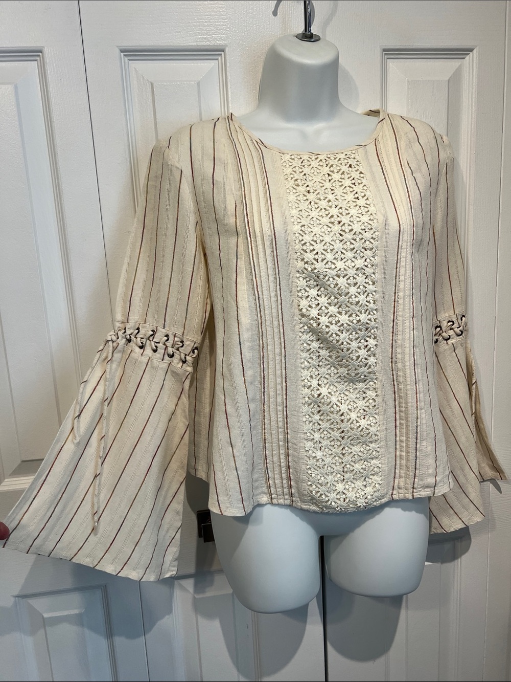 Luna Moon Striped Cream Linen Cotton Blend Boho Bell Sleeves Top Blouse Size S